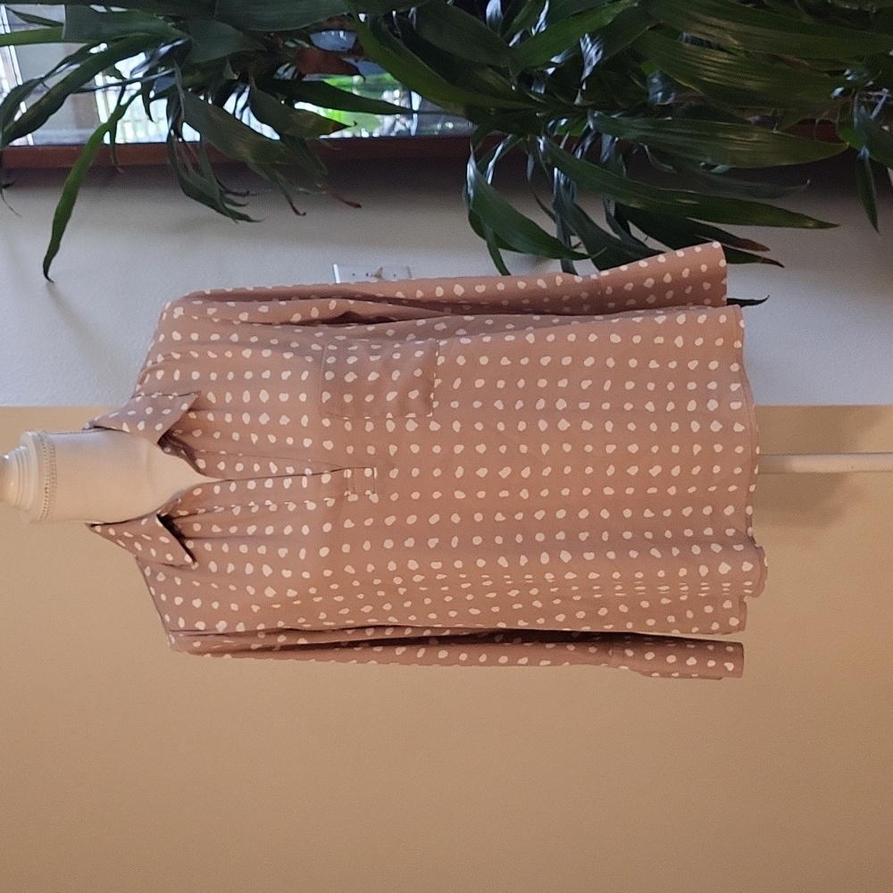 Pleione Toupe & White Polka Dotted Long Sleeve V Neck Blouse Collard